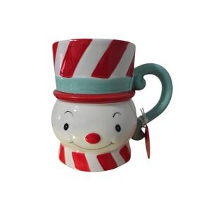 Snowman Vintage Inspired Coffee Mug Candy Cane Swirl Hat Scarf Kitschy Holiday